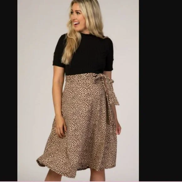 Black Leopard Animal Print Colorblock Maternity Dress - Picture 4 of 5